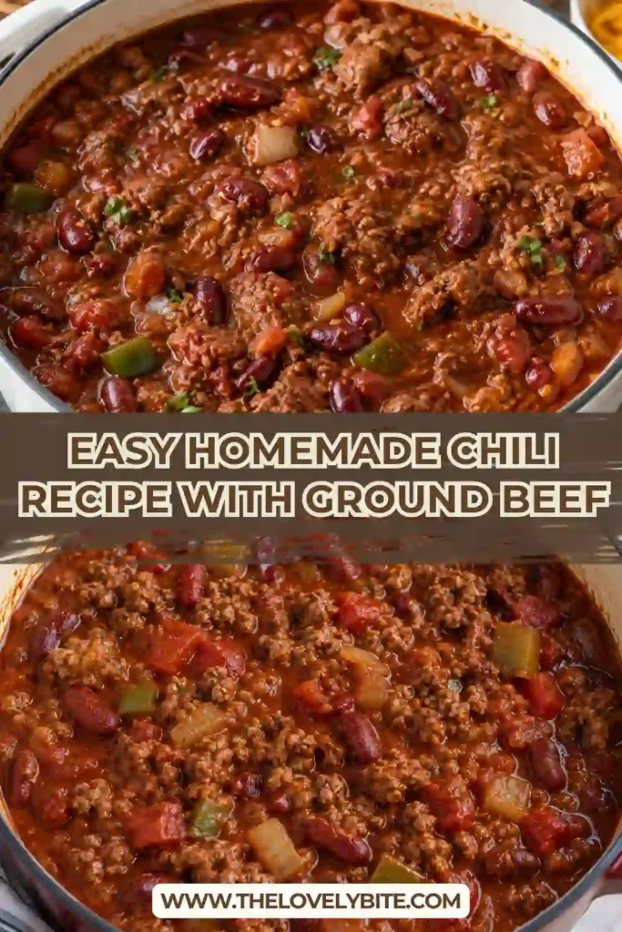 A close-up of thick homemade chili showing tender ground beef, red kidney beans, and a richly seasoned tomato sauce. A spoon lifts a generous serving of the hearty beef chili.