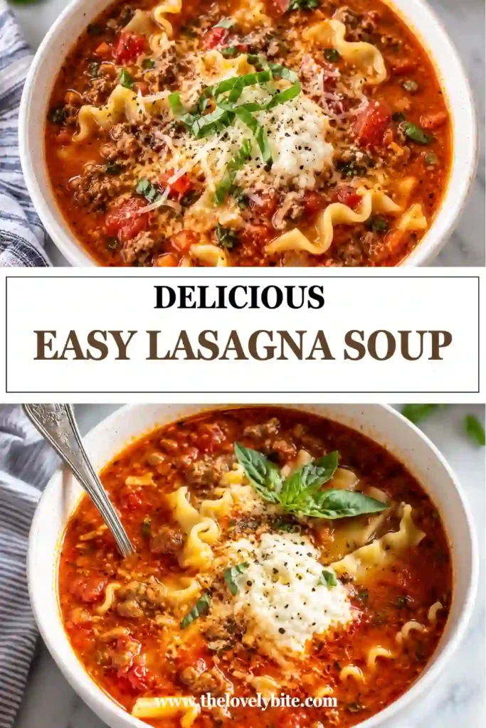 A warm bowl of homemade Easy Lasagna Soup filled with broken lasagna noodles, beef, tomato broth, ricotta, mozzarella, and Parmesan. This hearty lasagna soup has the comforting flavors of traditional lasagna.