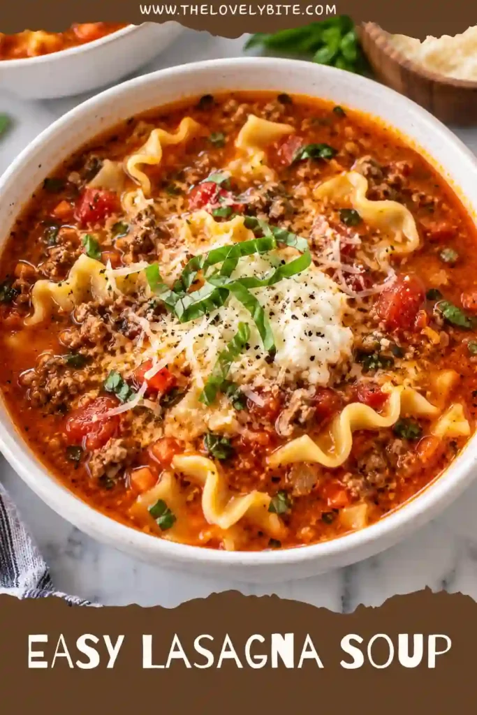One pot lasagna soup topped with creamy ricotta, melted mozzarella, grated Parmesan, and fresh basil. The rich tomato broth is filled with tender pasta and seasoned beef.