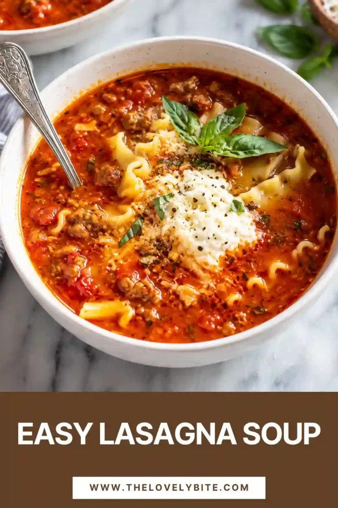 Hearty Easy Lasagna Soup with tender noodles, beef, tomato sauce, Italian-inspired herbs, and a creamy cheese topping. A comforting family dinner recipe served hot with fresh basil.