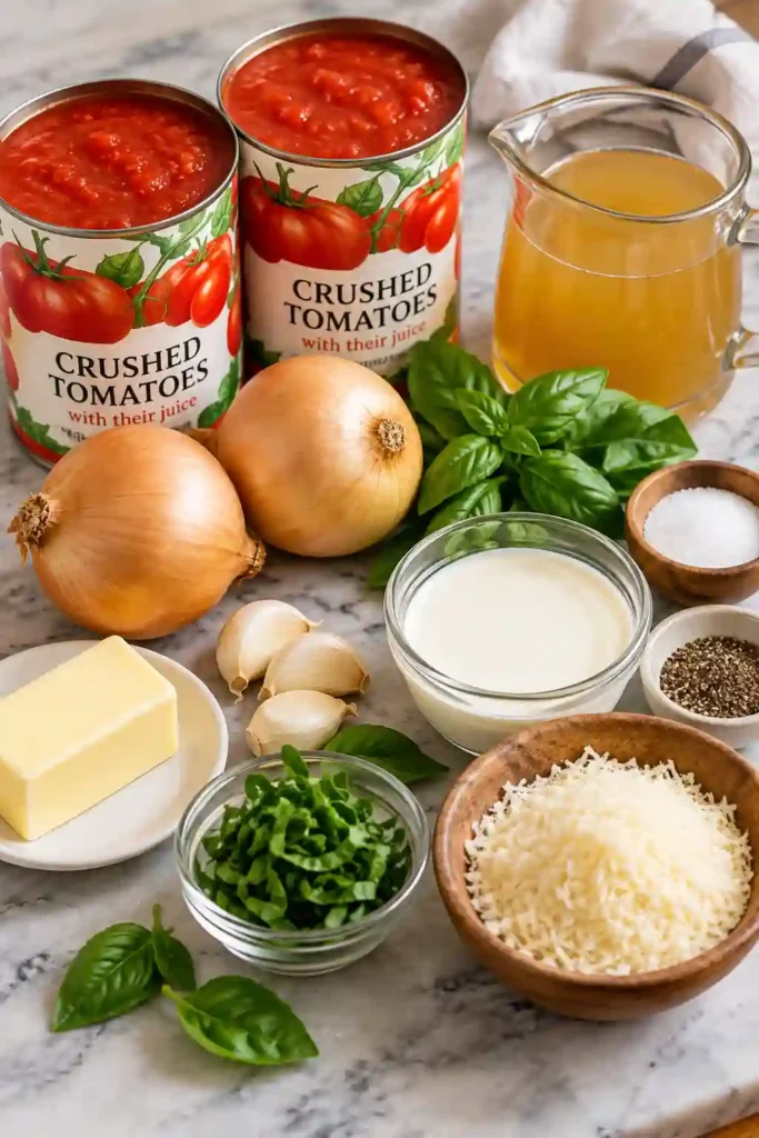 Creamy tomato soup served warm with fresh basil and finely grated Parmesan. This homemade tomato soup is smooth and perfect with toasted bread.