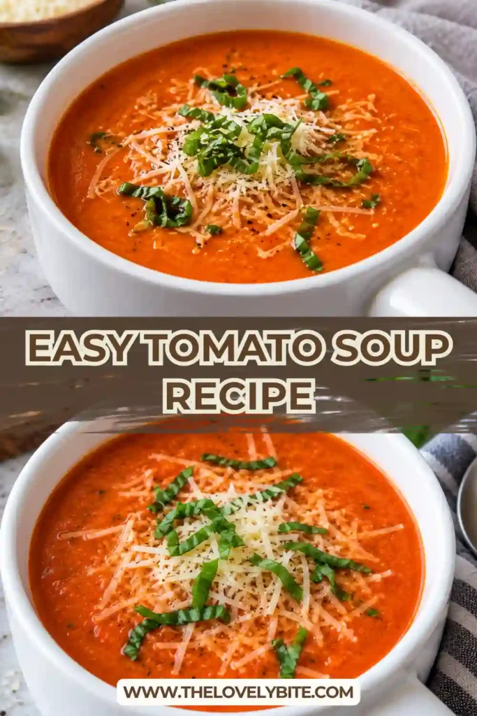 Homemade creamy tomato soup topped with Parmesan cheese and fresh basil. This tomato basil soup is smooth, rich, and made with crushed tomatoes.