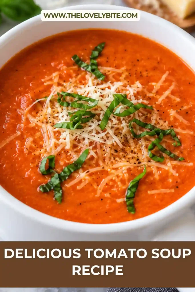 A warm bowl of tomato soup with fresh basil and Parmesan on top. This easy soup recipe has a creamy texture and vibrant tomato color.