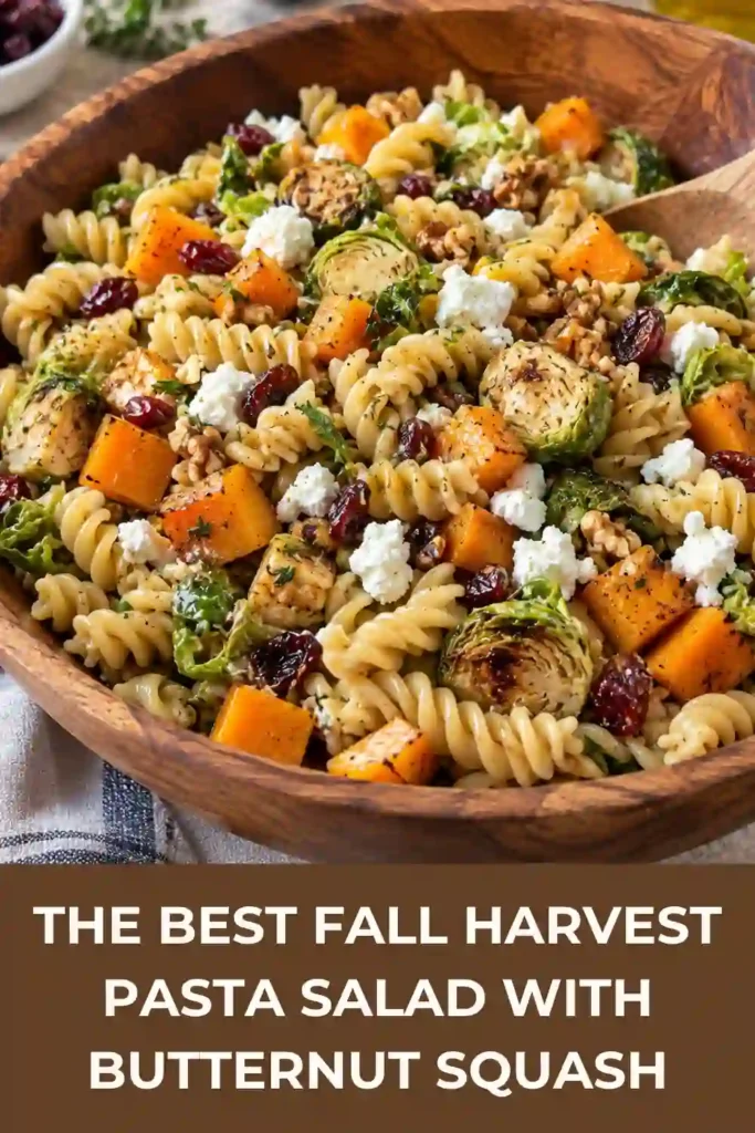 Fall harvest pasta salad with roasted butternut squash, Brussels sprouts, Honeycrisp apple, goat cheese, and dried cranberries. The pasta is coated in a maple Dijon vinaigrette for a colorful autumn side dish.
