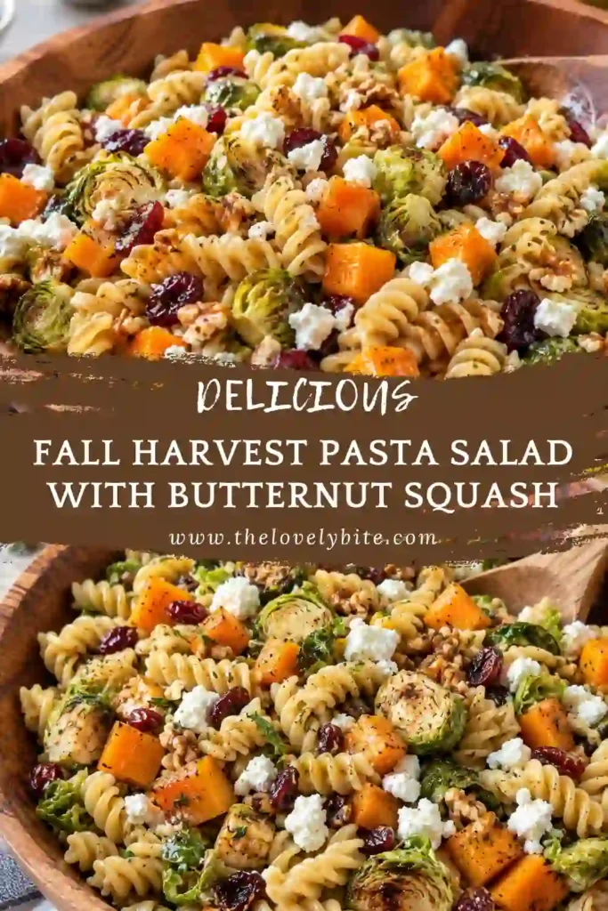 Butternut squash pasta salad served with roasted Brussels sprouts, diced apple, creamy goat cheese, and cranberries. A maple Dijon dressing adds a glossy sweet and tangy finish.