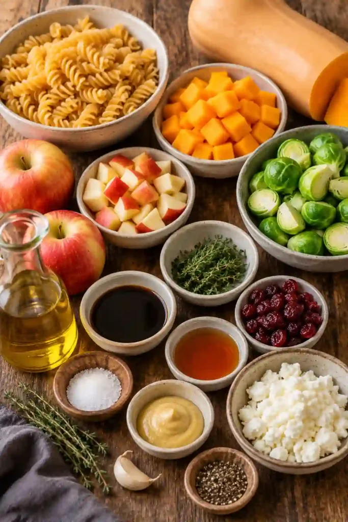 Autumn pasta salad filled with golden butternut squash, roasted Brussels sprouts, crisp apple, cranberries, and crumbled goat cheese. Maple Dijon vinaigrette coats the pasta and seasonal vegetables.