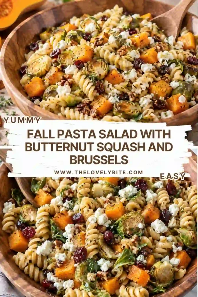 A colorful butternut squash pasta salad featuring roasted Brussels sprouts, crisp apples, goat cheese, and dried cranberries. The seasonal ingredients are tossed with a glossy balsamic maple Dijon vinaigrette.