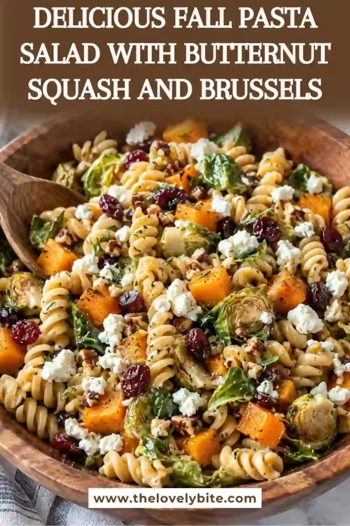 Thanksgiving pasta salad made with rotini, roasted butternut squash, Brussels sprouts, apples, cranberries, and creamy goat cheese. The vibrant salad showcases fresh autumn colors and flavors.