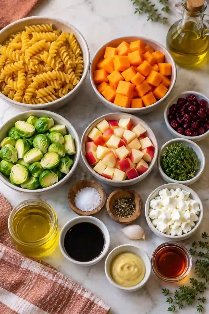 Autumn pasta salad with roasted vegetables, apples, goat cheese, and cranberries served in a large bowl. A maple Dijon dressing gives the pasta salad a glossy, flavorful finish.