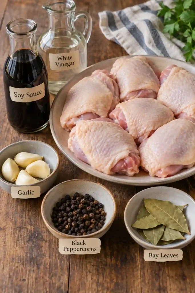 Filipino Adobo Chicken with browned bone-in chicken thighs coated in a rich soy vinegar sauce. Garlic, bay leaves, and black peppercorns add classic Filipino adobo flavor.