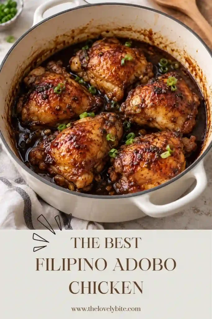 Easy adobo chicken baked until the skin is browned and the sauce is reduced. The tender chicken is surrounded by a flavorful soy vinegar sauce with garlic and bay leaves.