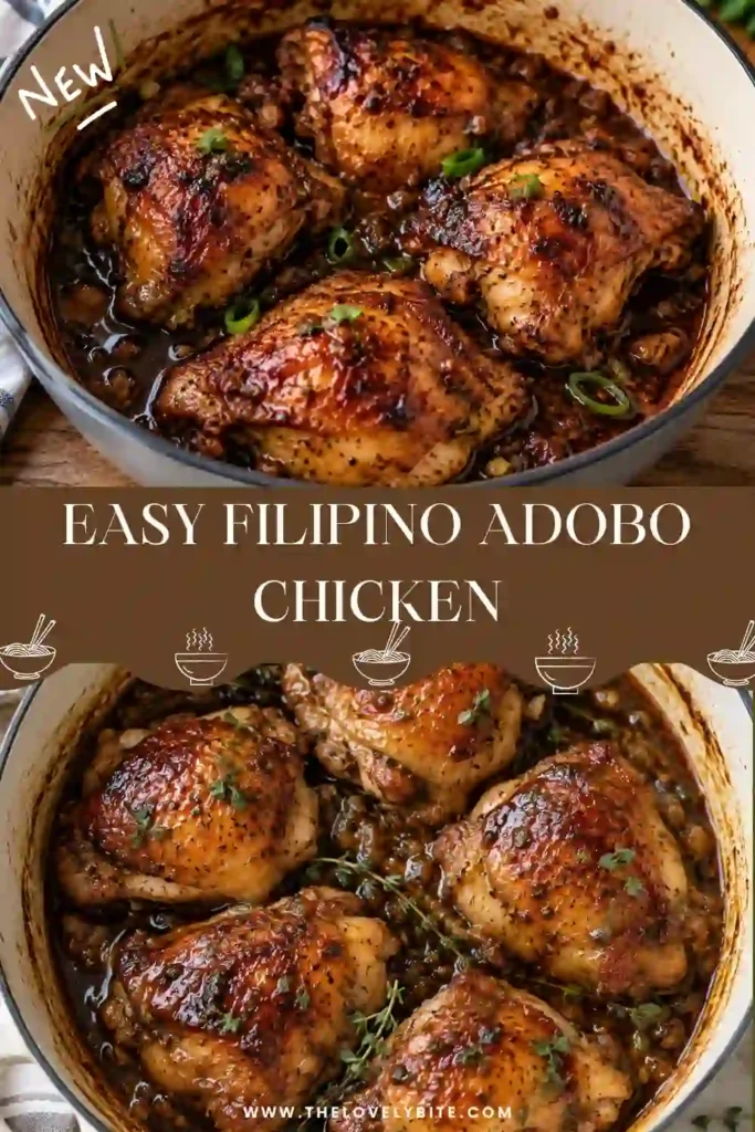 Filipino Adobo Chicken served with steamed white rice and a glossy soy vinegar sauce. Bone-in chicken thighs are browned and tender with garlic, peppercorns, and bay leaves.