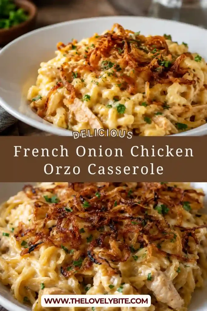 French Onion Chicken Orzo Casserole served hot from the oven in an oven-safe skillet. The cheesy golden topping covers creamy orzo, chicken, and caramelized yellow onions.