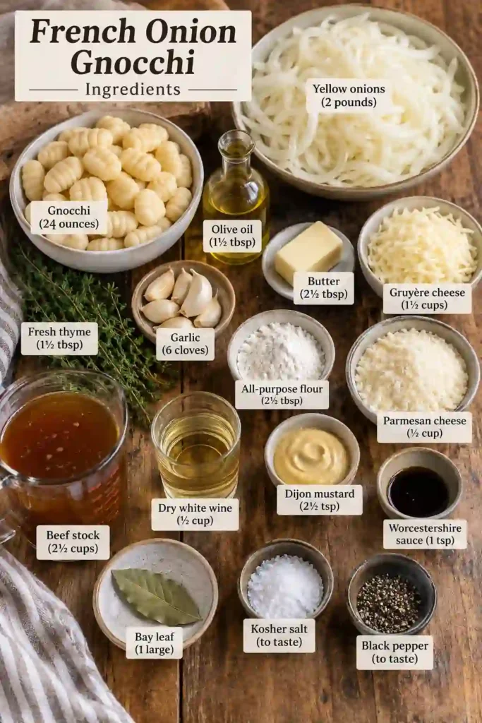 A skillet of French Onion Gnocchi topped with melted Gruyère and Parmesan cheese, surrounded by deeply caramelized onions. The golden, bubbling cheese highlights this cozy caramelized onion gnocchi dinner.