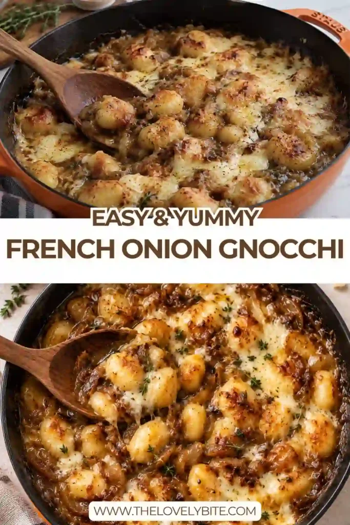 Close-up view of cheesy French Onion Gnocchi with soft golden onions and bubbling Gruyère cheese. The tender gnocchi are coated in a savory onion sauce for a comforting dinner.
