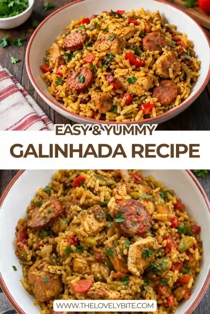 Traditional Brazilian Galinhada served in a large Dutch oven with golden turmeric rice, tender chicken pieces, and sliced beef sausage. Fresh parsley and juicy tomatoes add vibrant color to this comforting one-pot chicken and rice dish.
