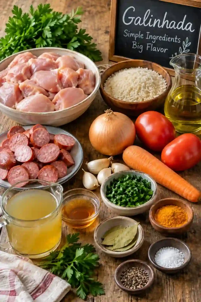 Family-style Brazilian Galinhada served in a large pot with golden turmeric rice, chicken thighs, beef sausage, tomatoes, and fresh parsley. This easy one-pot chicken and rice meal is a comforting centerpiece for a homemade family dinner.