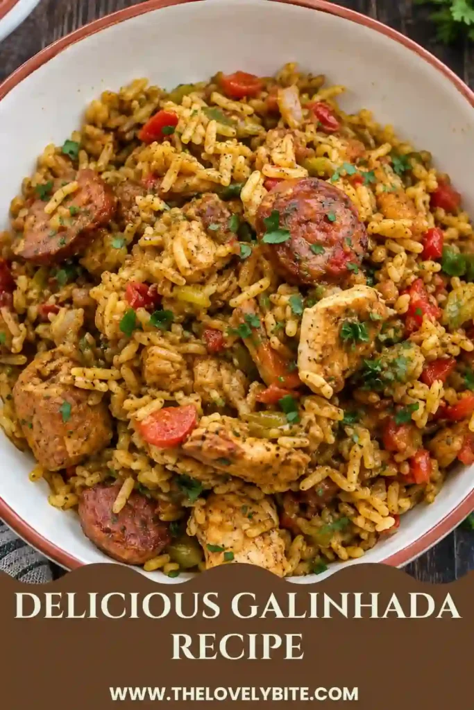 Close-up of Brazilian chicken and rice featuring tender chicken thighs, fluffy golden rice, and savory beef sausage. Turmeric, garlic, and fresh herbs give this homemade Galinhada its inviting color and comforting flavor.