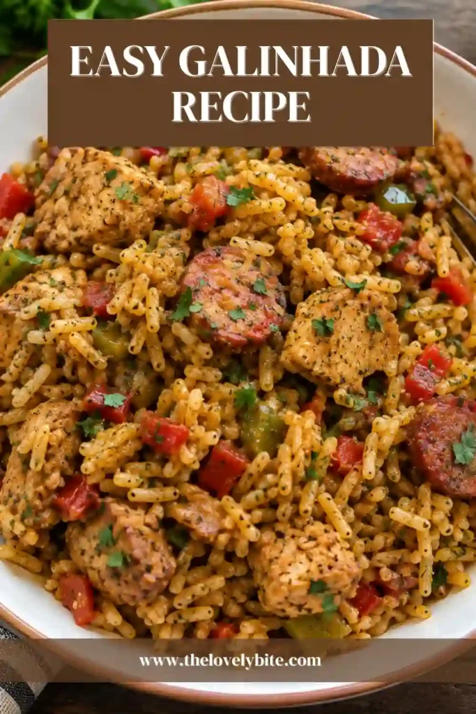 A generous serving of Galinhada on a rustic plate with golden rice, tender chicken, sliced beef sausage, and fresh parsley. This traditional Brazilian chicken and rice dish makes a hearty, family-friendly dinner.