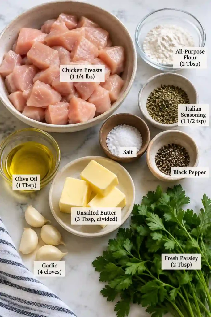 Garlic Butter Chicken Bites cooked until golden brown and coated with fresh garlic, melted butter, herbs, and parsley. This easy chicken bites recipe is prepared in one skillet.