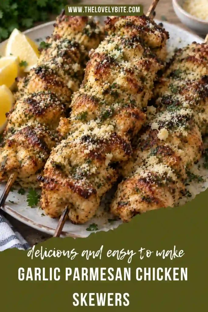Juicy garlic Parmesan chicken skewers coated in melted garlic butter and freshly grated Parmesan cheese. The golden chicken is garnished with chopped parsley and served on a plate.