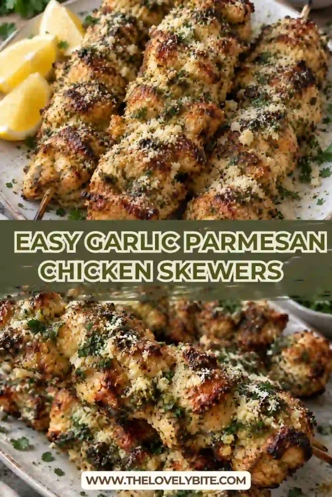 Close-up of air fryer chicken skewers covered in garlic Parmesan butter sauce. The tender chicken has lightly golden edges and a sprinkle of fresh parsley.