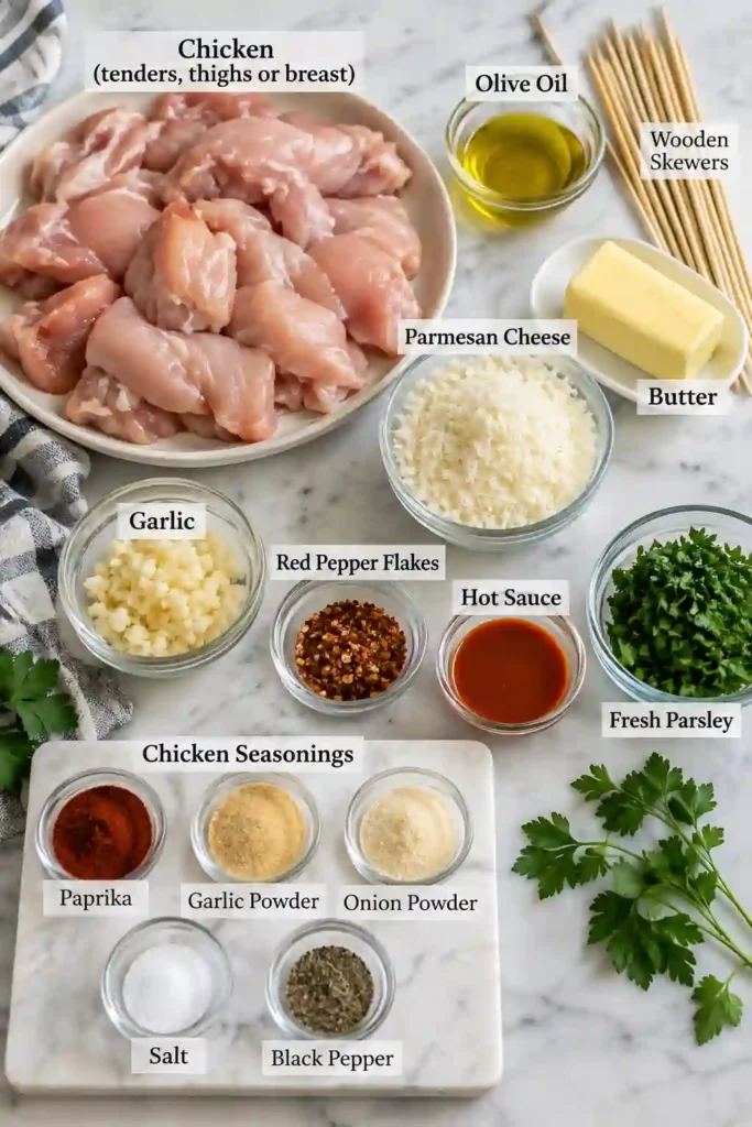 Golden air fryer garlic Parmesan chicken skewers coated with homemade garlic butter sauce. Fresh parsley and grated Parmesan finish the tender chicken.