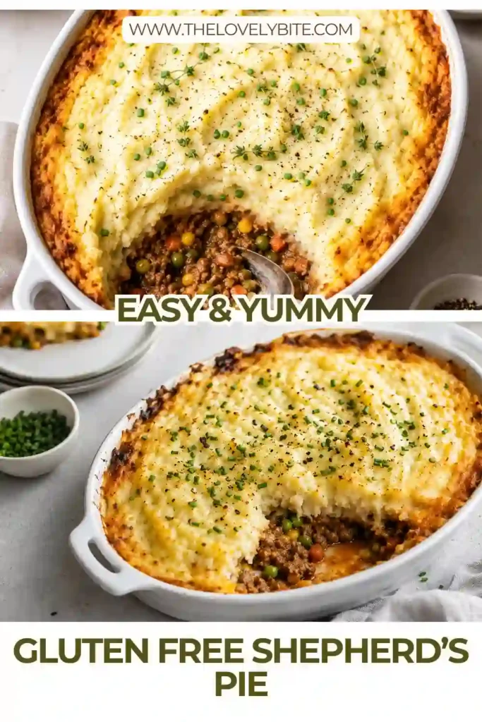 A golden gluten free shepherd’s pie topped with creamy mashed potatoes and baked until lightly browned. Savory ground beef, peas, carrots, and corn create the hearty filling underneath.