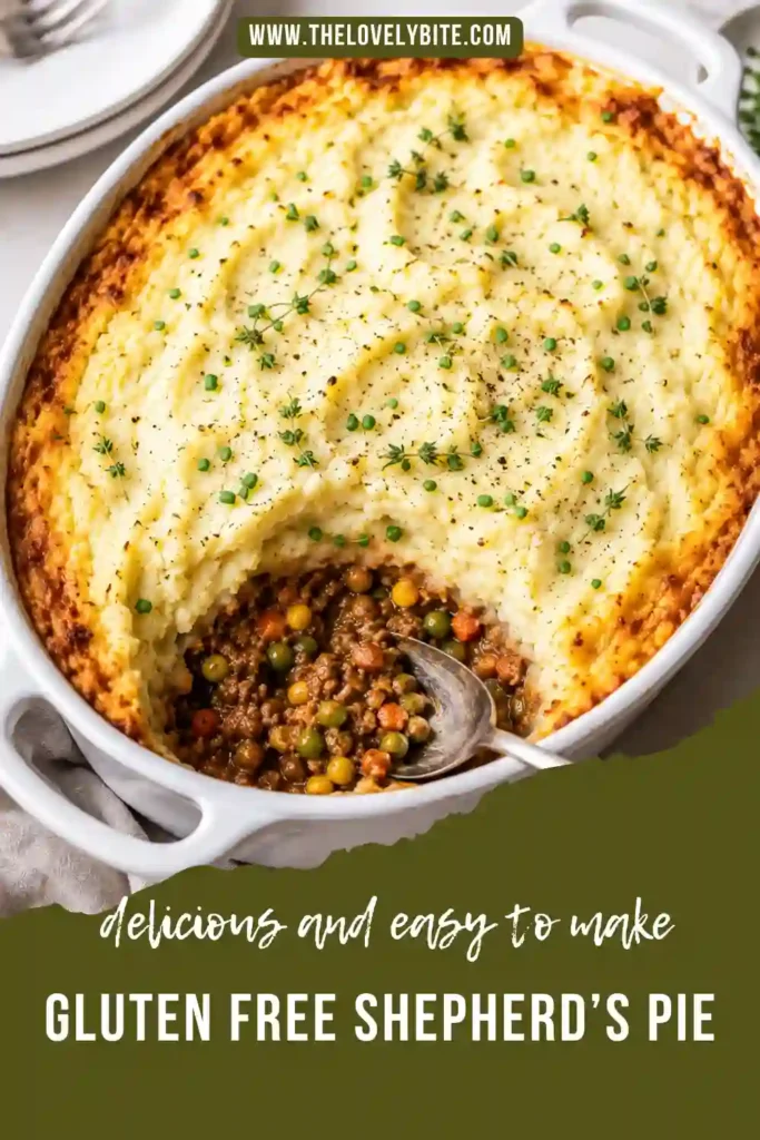 Homemade gluten free shepherd’s pie served in a casserole dish with a golden mashed potato topping. The hearty ground beef filling is packed with peas, carrots, and sweet corn.
