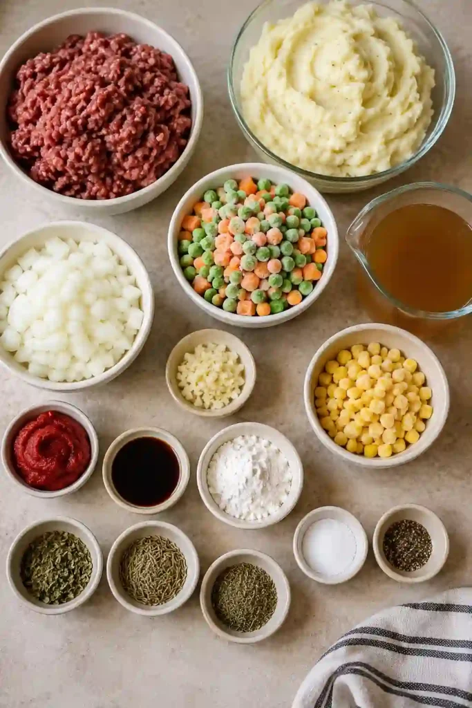 Easy shepherd’s pie with a golden mashed potato topping and flavorful ground beef filling. Peas, carrots, and corn add color and texture to this gluten-free family dinner.