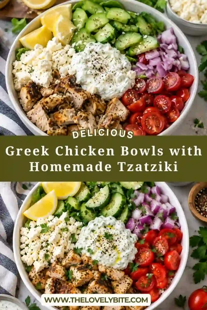 Tender slices of Greek-style chicken topped with creamy cucumber tzatziki sauce and fresh herbs. The lemon-garlic chicken is served alongside rice, diced cucumber, tomatoes, and feta cheese.