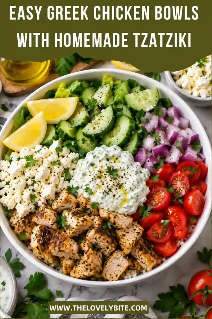 A healthy Mediterranean chicken bowl featuring fluffy quinoa, grilled Greek-style chicken, fresh cucumber, tomatoes, romaine lettuce, and feta cheese. Creamy homemade tzatziki sauce completes this colorful, protein-rich meal.