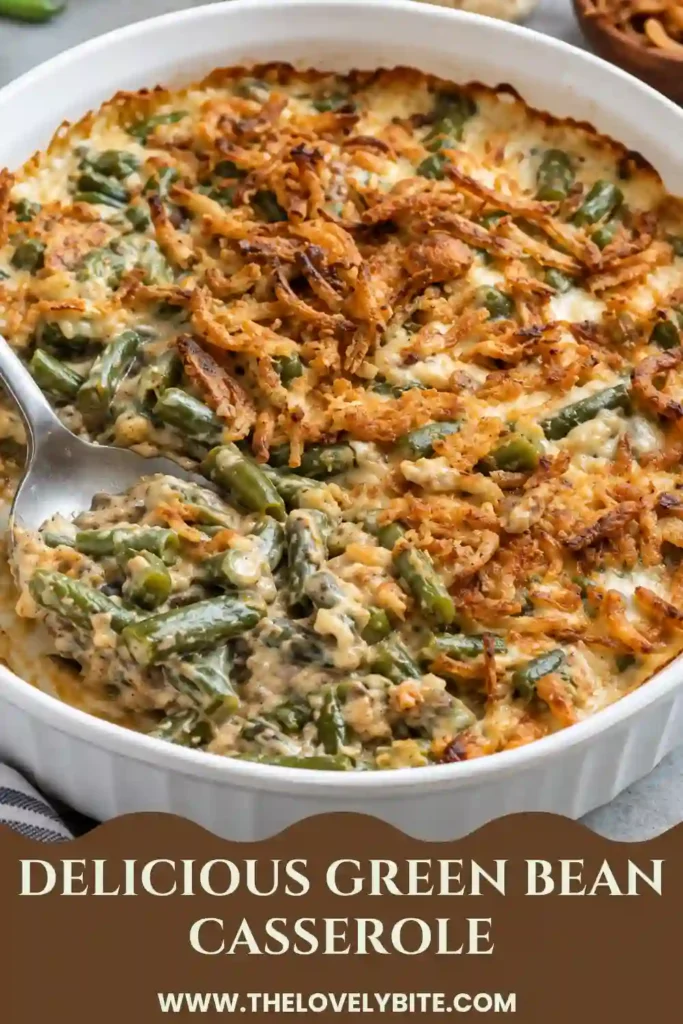 Homemade Green Bean Casserole featuring tender vegetables in creamy mushroom sauce beneath crunchy golden onions. This easy casserole is ideal for family dinners and holiday meals.