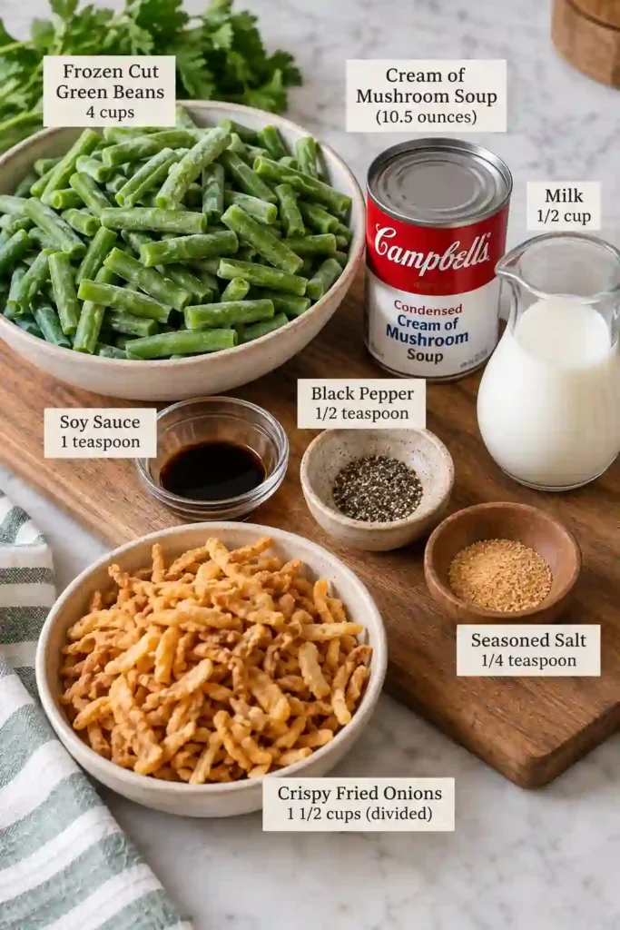 Green Bean Casserole baked with tender green beans in a creamy mushroom sauce and topped with golden crispy fried onions. This classic green bean casserole makes a comforting holiday side dish.