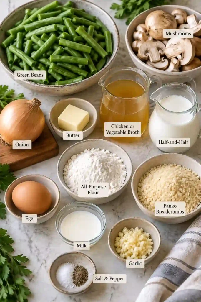 Creamy green bean casserole served in a ceramic baking dish on a holiday dinner table. Fresh green beans, homemade mushroom sauce, and crispy baked onions make a comforting Thanksgiving side dish.