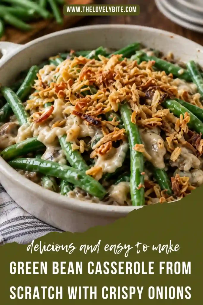 A serving of green bean casserole from scratch on a white dinner plate with creamy mushroom sauce and crispy onions. Bright green beans and golden onion pieces create an inviting homemade vegetable side dish.
