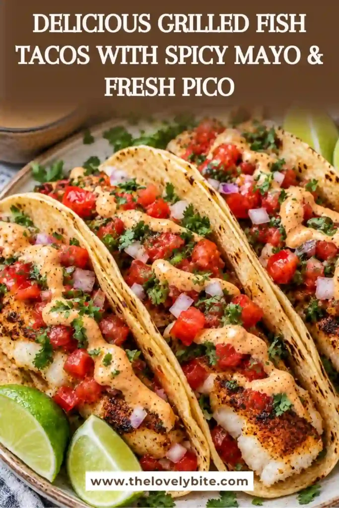 Grilled Fish Tacos filled with smoky white fish, fresh pico de gallo, shredded cabbage, and creamy spicy mayo. Warm tortillas and lime wedges complete this colorful homemade seafood dinner.