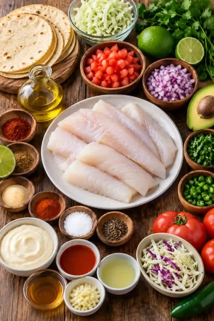 Homemade Grilled Fish Tacos served with fresh pico de gallo, spicy mayo, shredded cabbage, and lime wedges. The colorful seafood dinner features seasoned white fish inside warm corn tortillas.