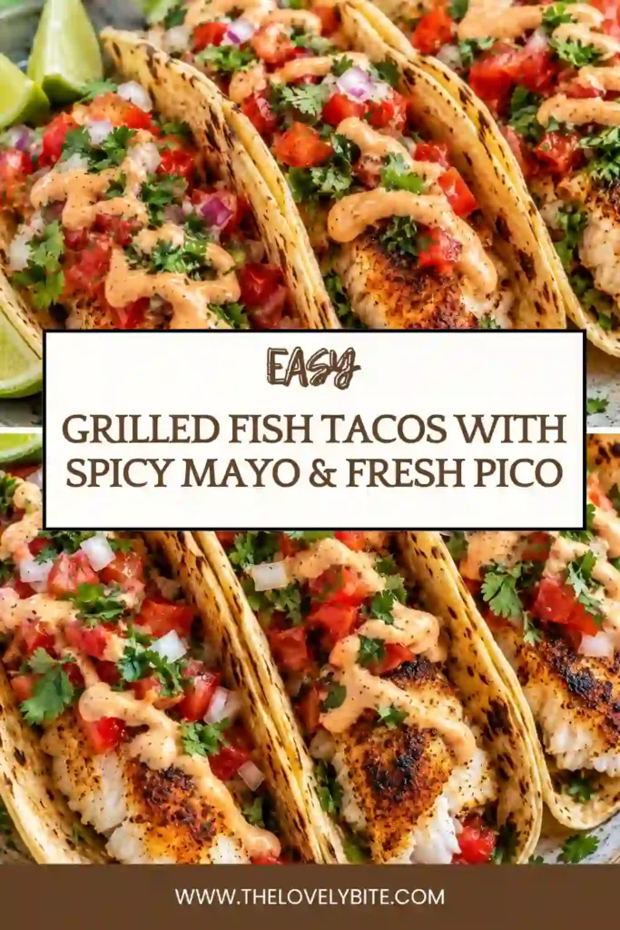 Fish tacos with pico de gallo featuring diced tomatoes, red onion, cilantro, and jalapeño over tender grilled white fish. Fresh lime wedges and shredded cabbage add color and crunch to the warm tortillas.