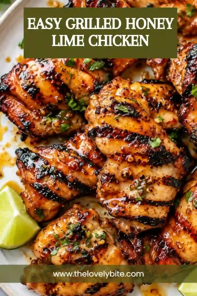 Juicy Grilled Honey Lime Chicken served with fresh lime and herbs. The grilled chicken thighs have a glossy honey lime glaze and golden charred edges.