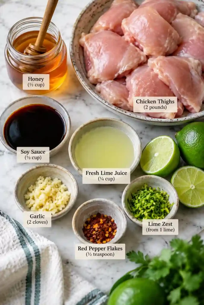 Tender grilled chicken thighs coated with a sweet and tangy honey lime chicken marinade. Fresh lime and lightly charred edges give the chicken a bright summer-inspired appearance.