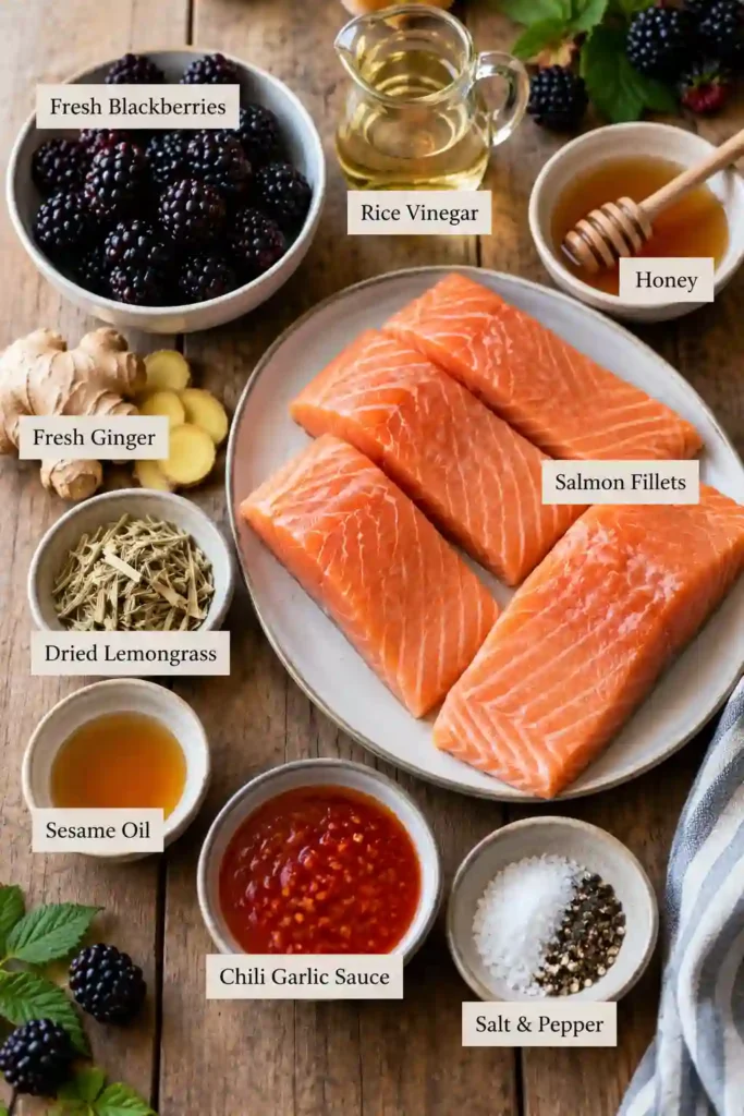 Healthy grilled salmon with blackberry sauce presented as a colorful summer meal. Tender salmon fillets are paired with a bright fruit sauce and crisp green vegetables.