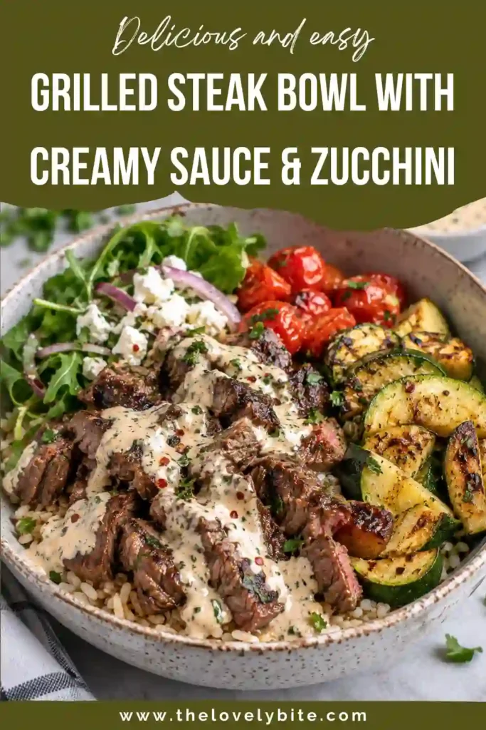 Close-up of tender grilled steak slices topped with creamy garlic sauce in a quinoa bowl. Golden grill marks and smoky zucchini create an appetizing steak and vegetable bowl.