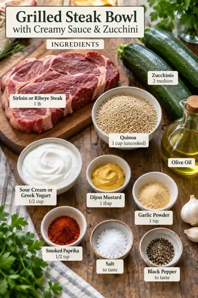 A grilled steak bowl filled with juicy sliced steak, smoky grilled zucchini, and fluffy quinoa. Creamy garlic sauce is drizzled over the ingredients for a flavorful, protein-rich dinner.