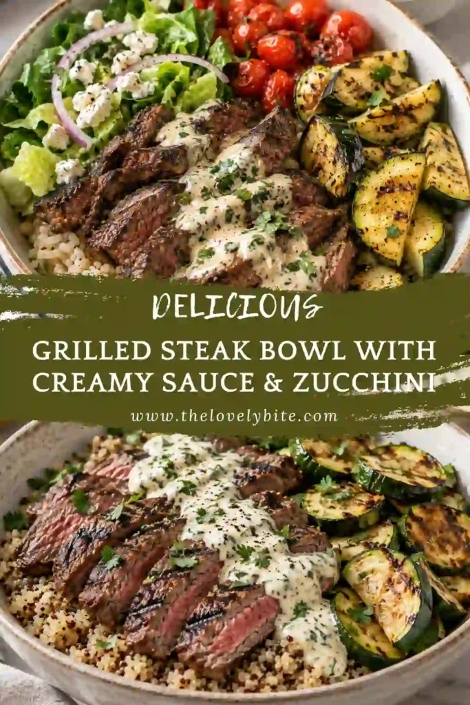 A freshly prepared grilled steak dinner served in bowls with quinoa, grilled zucchini, and creamy garlic sauce. Tender beef and colorful vegetables create a comforting, family-friendly meal.