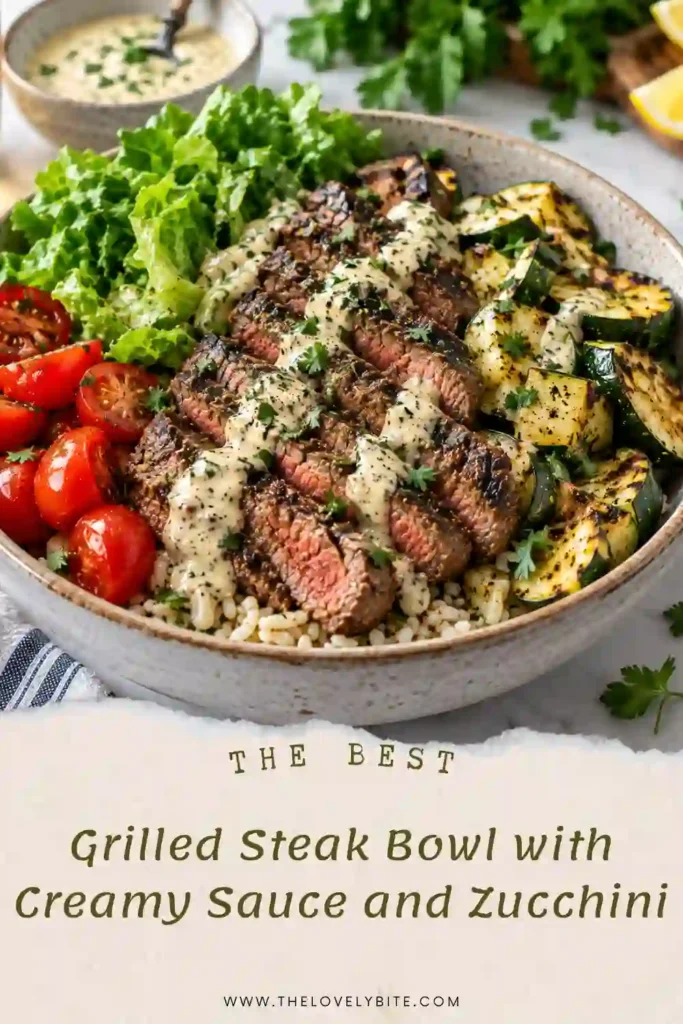 Steak quinoa bowl featuring grilled beef, tender zucchini, quinoa, and creamy garlic sauce. The sliced steak has a savory grilled crust and pairs with smoky vegetables.