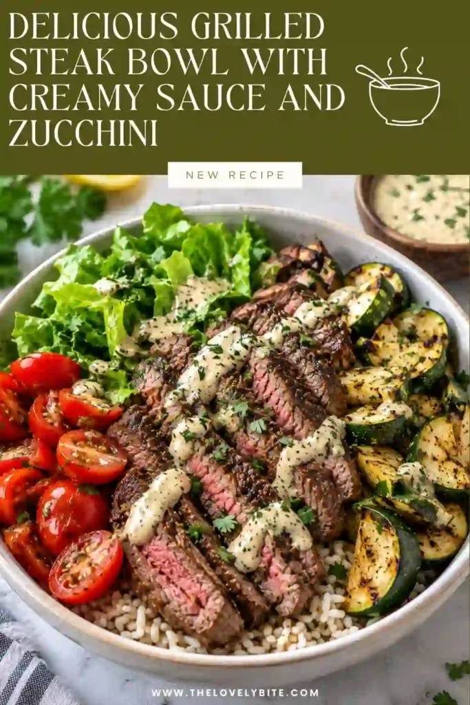 Grilled zucchini bowl topped with tender sliced steak and creamy sauce over a bed of fluffy quinoa. The dish combines smoky grilled vegetables with savory beef and a tangy finish.