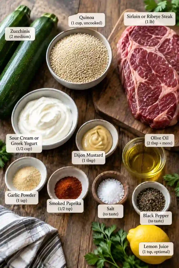 Grilled Steak Bowl filled with sliced juicy steak, fluffy quinoa, and charred grilled zucchini. Creamy garlic-Dijon sauce is drizzled over the steak and vegetables.