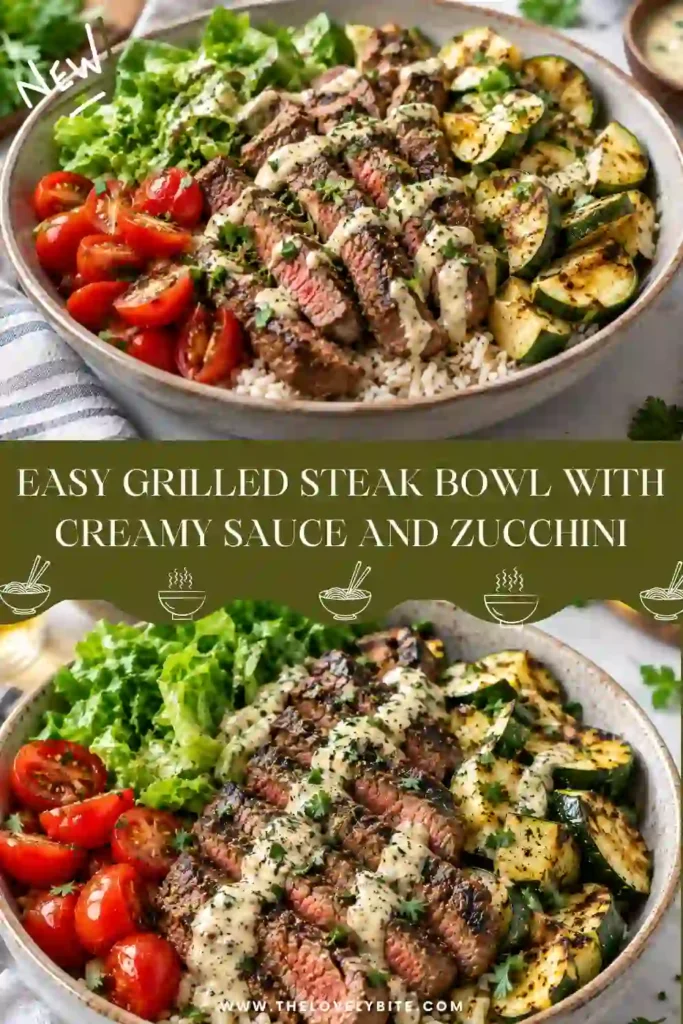 Creamy steak bowl made with seasoned grilled steak, golden quinoa, and smoky zucchini. A smooth garlic-Dijon sauce adds a rich, tangy finish to the bowl.