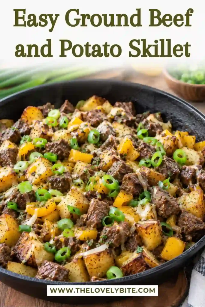 Cheesy ground beef and potatoes cooked together with onions, bell peppers, garlic, and smoked paprika. This hearty beef potato skillet is finished with melted cheddar and green onions.